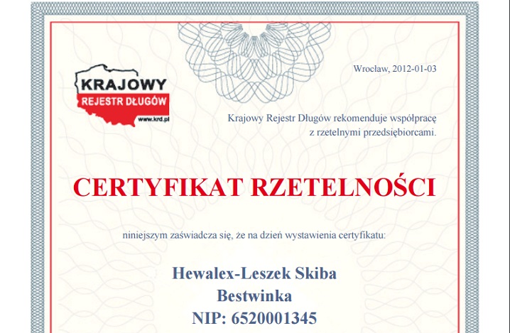 Certyfikat rzetelności dla Hewalex